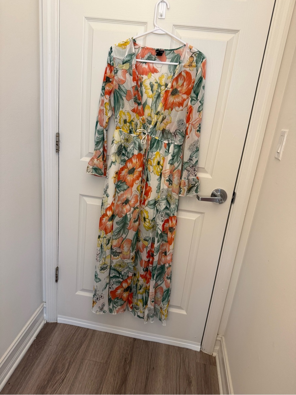 Floral V-Neck Maxi Beach Covet Up Dress with Tie Waist - Orange & Yellow Floral
